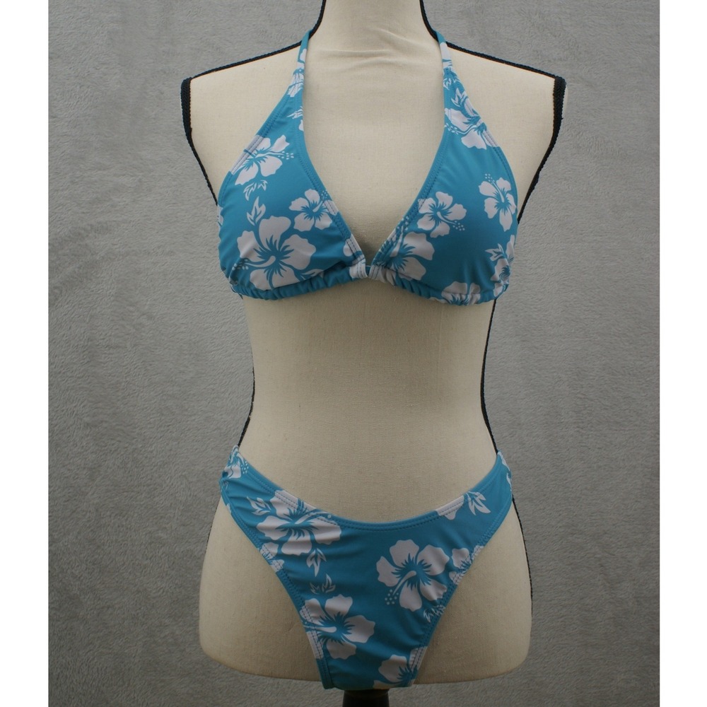 Blue Hibiscus Floral Triangle‎ Halter Bikini Set Two Piece Swimsuit Mens M